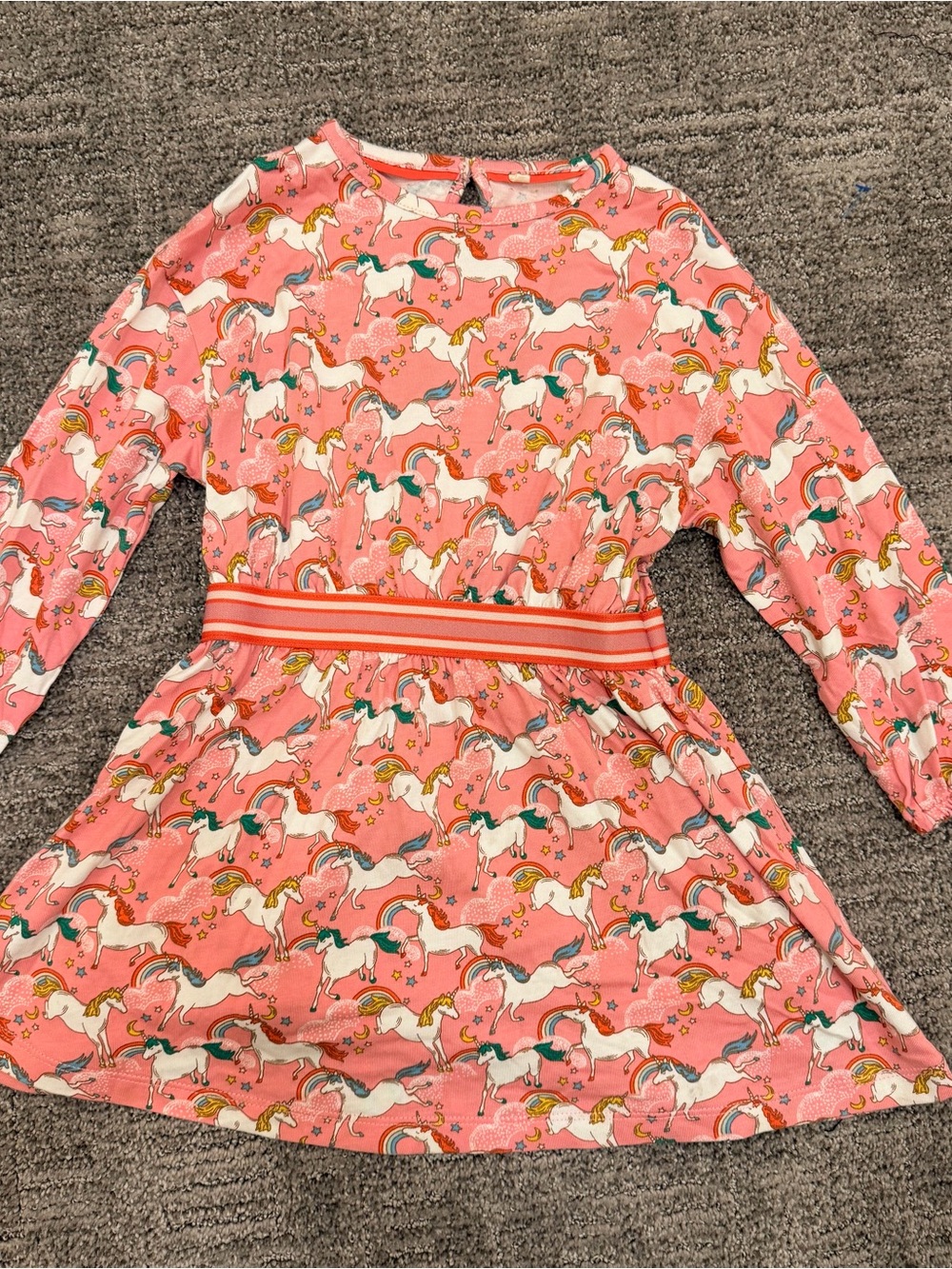 Mini Boden Coral Pink Unicorn Print Long Sleeve Dress with Striped Waistband